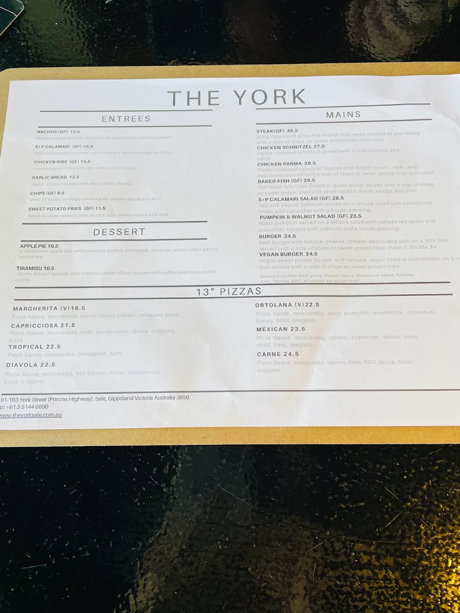 Menu, The York Lounge & Bar