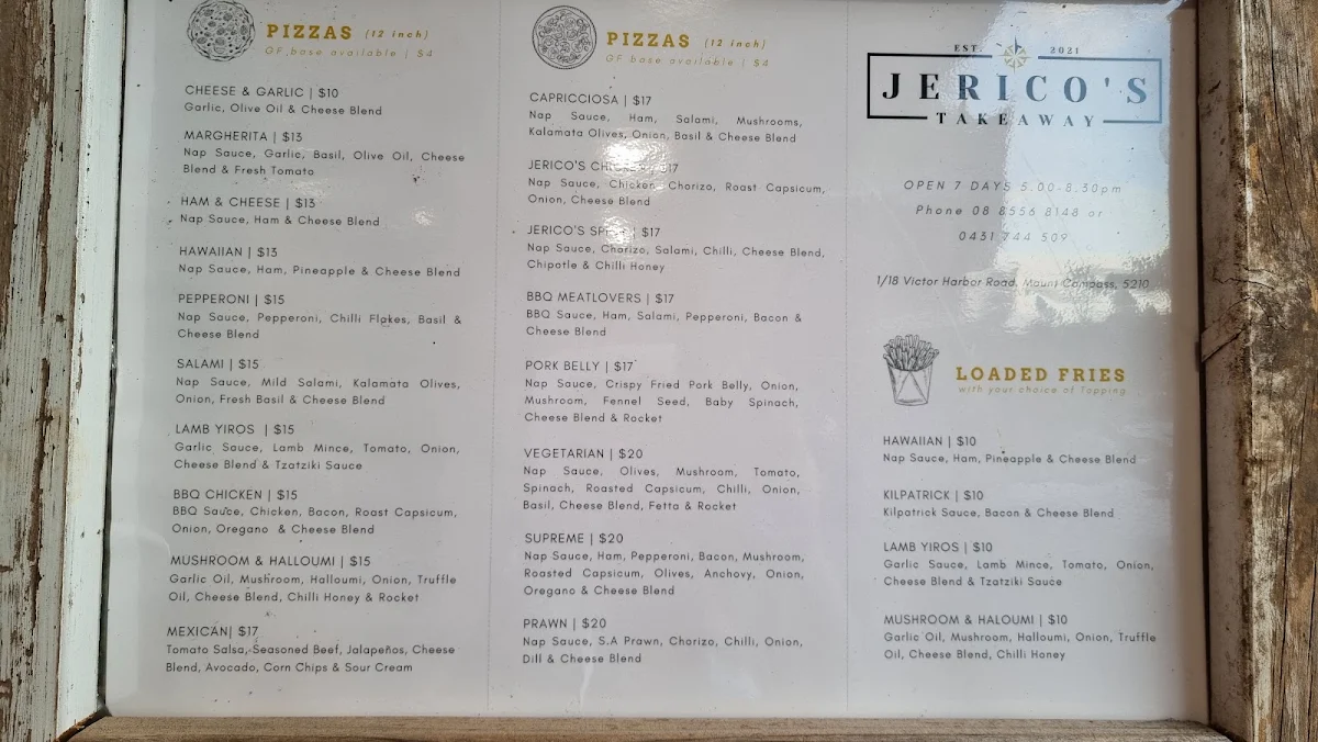 Menu, JeRiCo's Takeaway