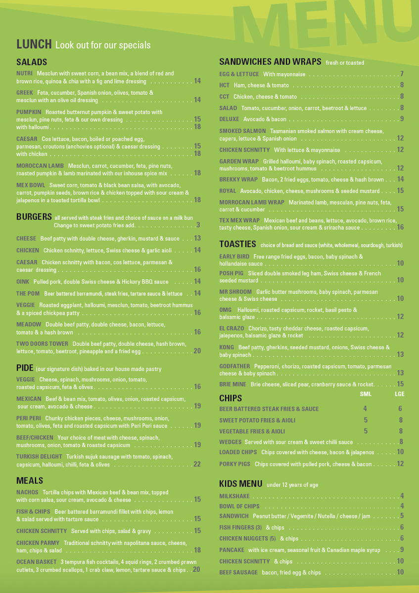 Menu, Two Doors Up Cafe & Bar