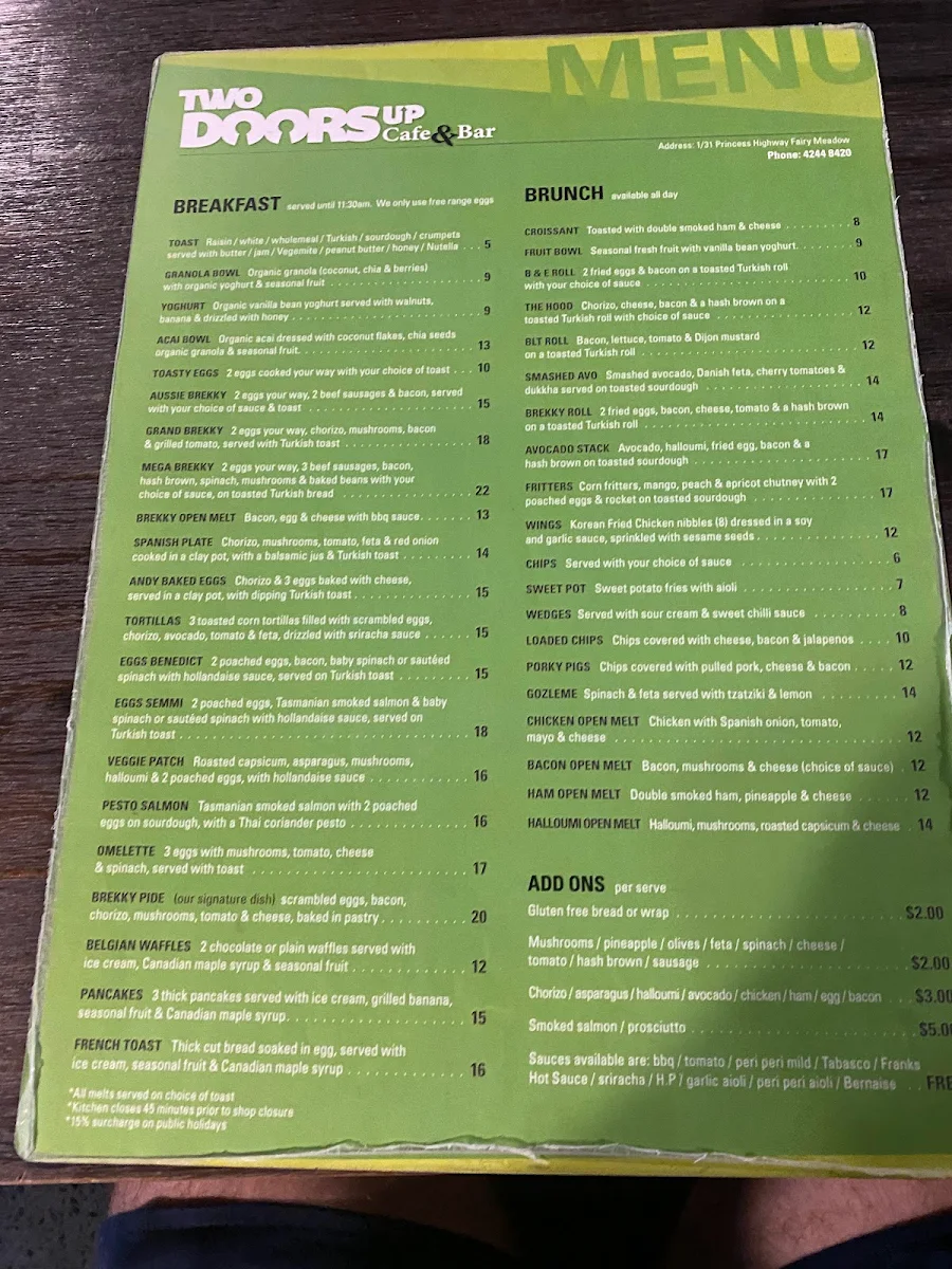 Menu, Two Doors Up Cafe & Bar