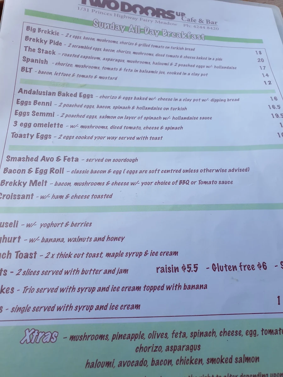 Menu, Two Doors Up Cafe & Bar