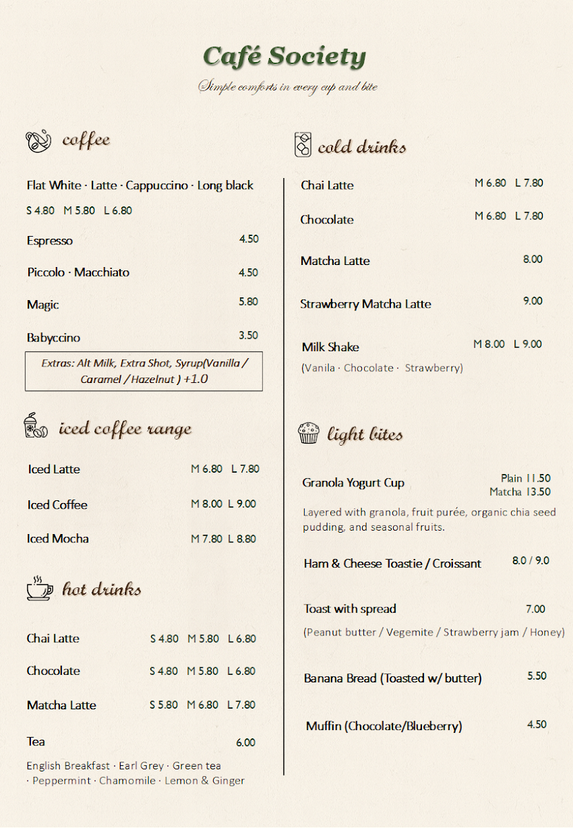 Menu, Café Society
