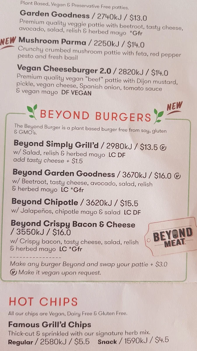 Menu, Grill'd Burgers - Tweed City
