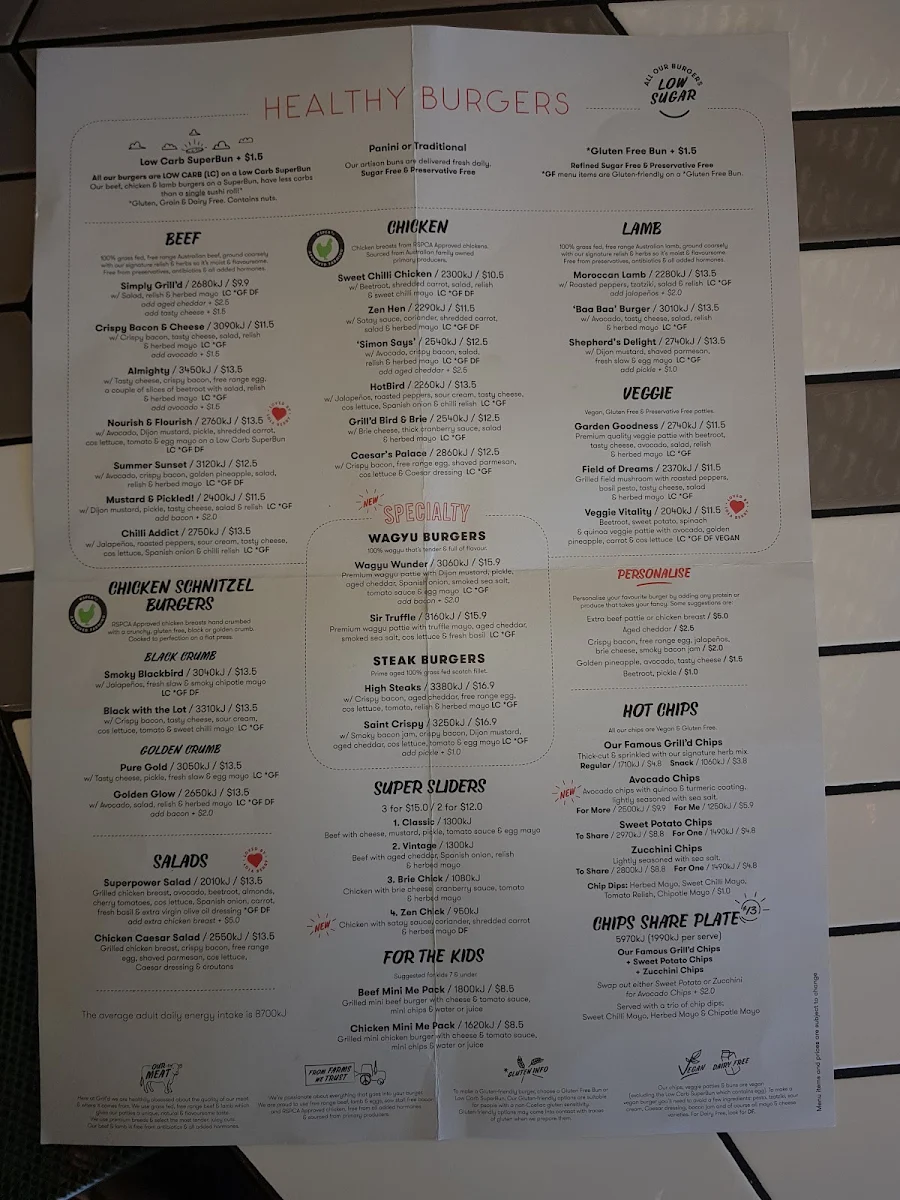 Menu, Grill'd Burgers - Tweed City