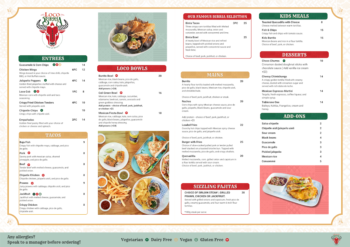 Menu, Loco Birria Narrabeen
