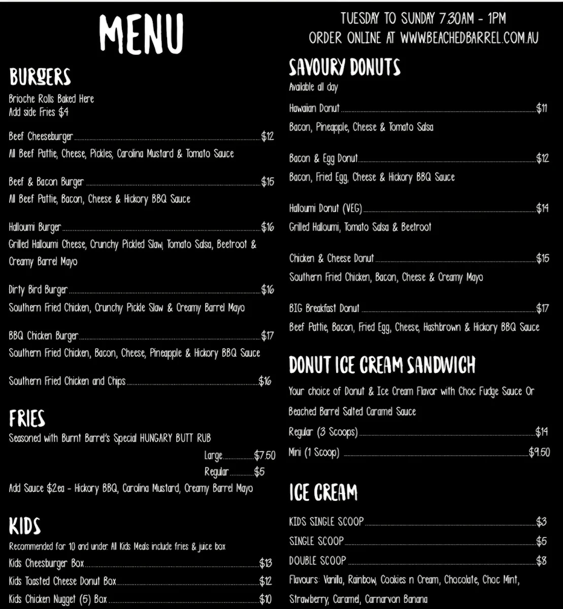 Menu, Beached Barrel