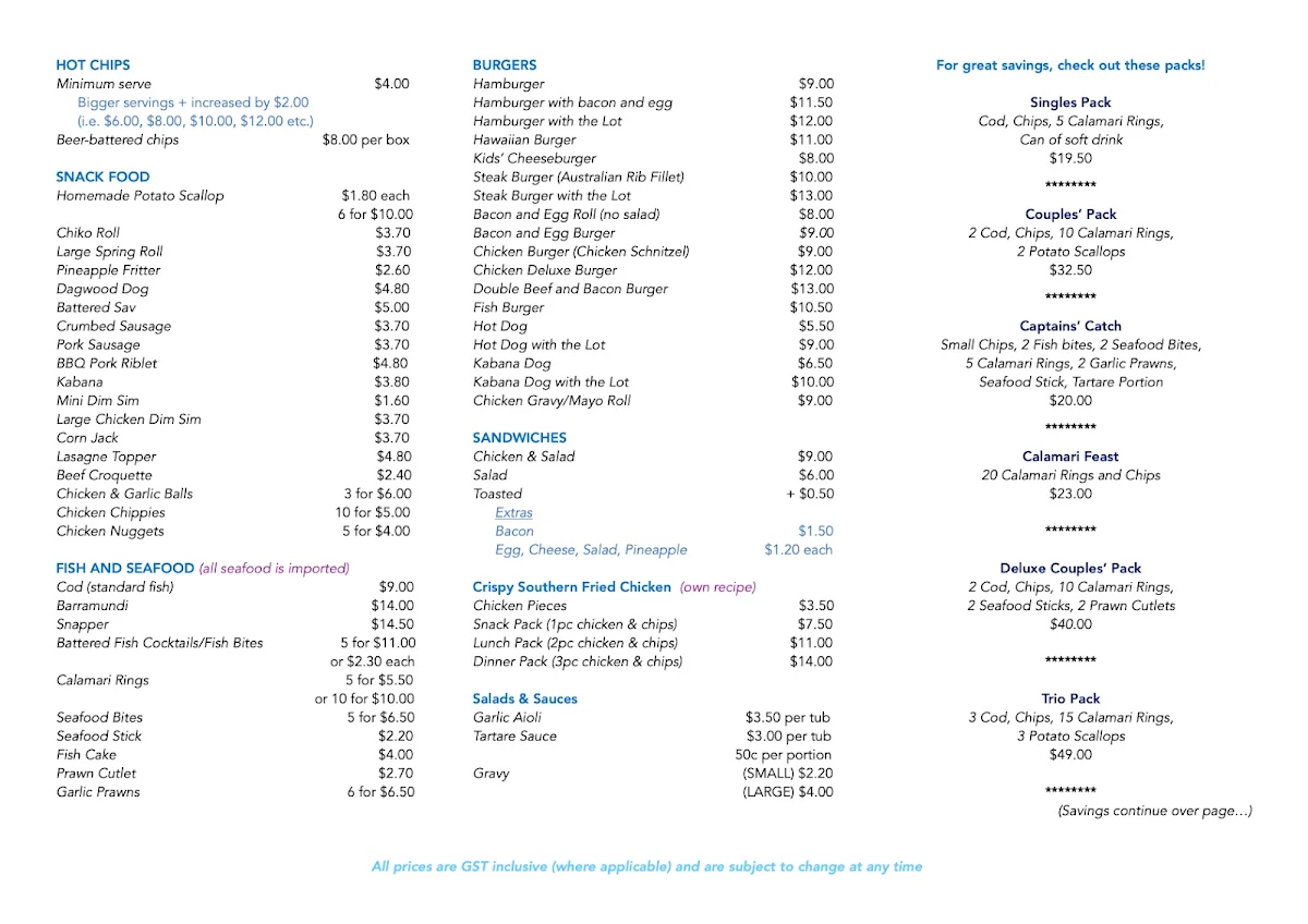 Menu, Loganlea Fish and Chips
