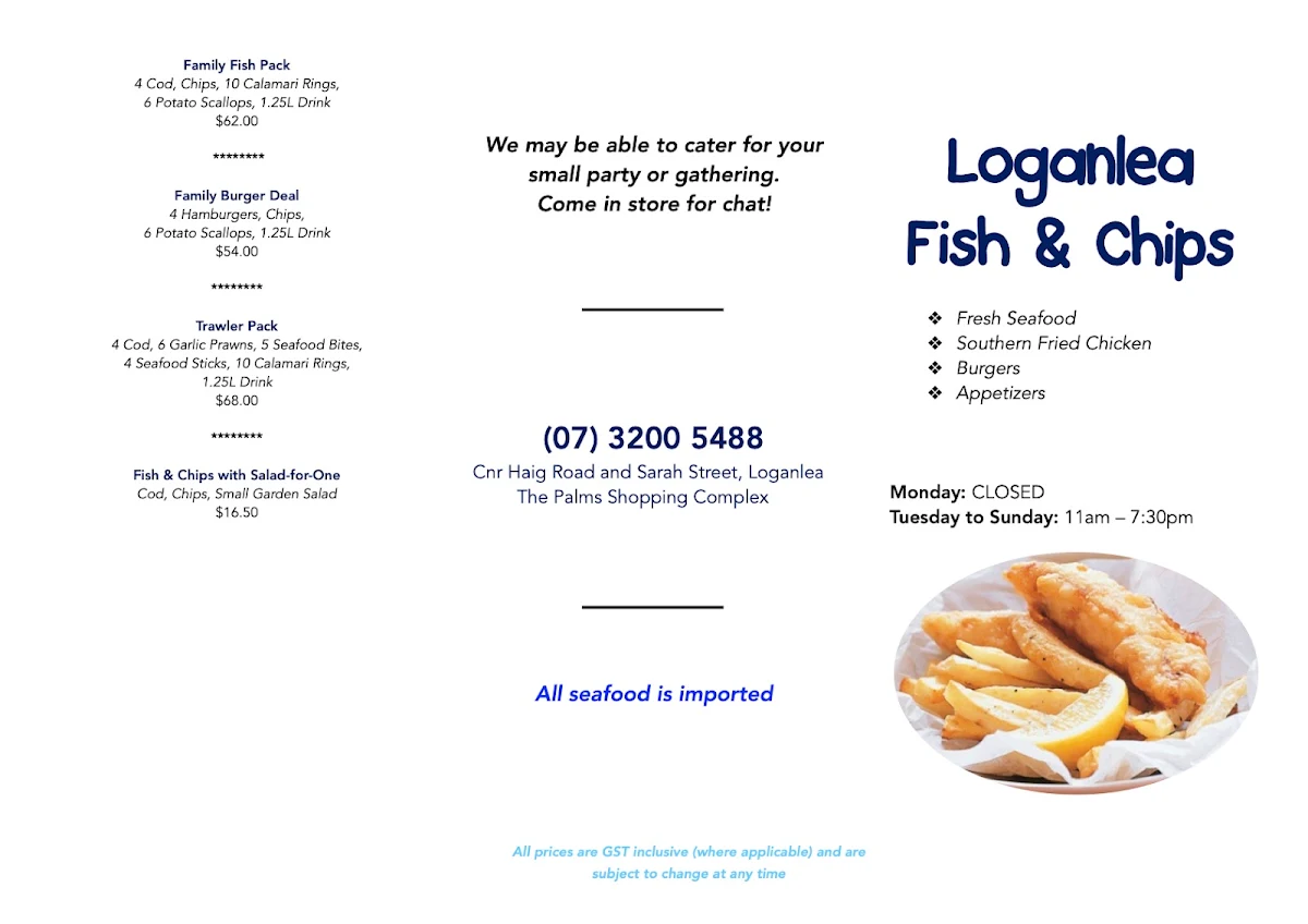 Menu, Loganlea Fish and Chips