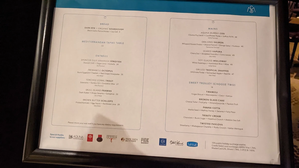 Menu, Sailmaker Restaurant