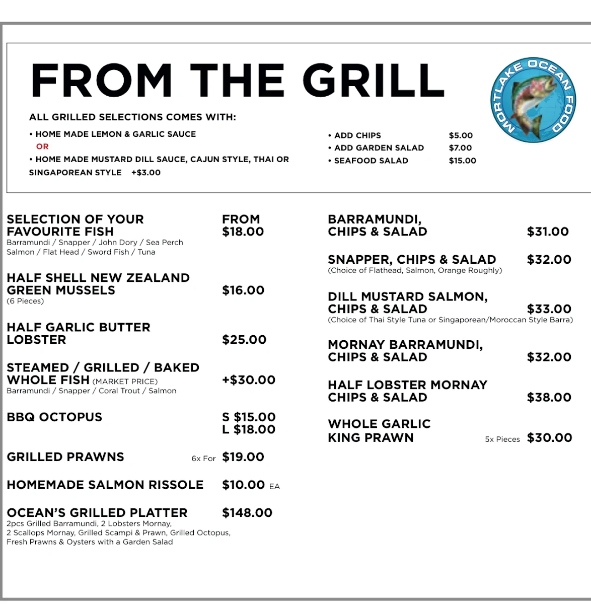 Menu, Mortlake Ocean Food