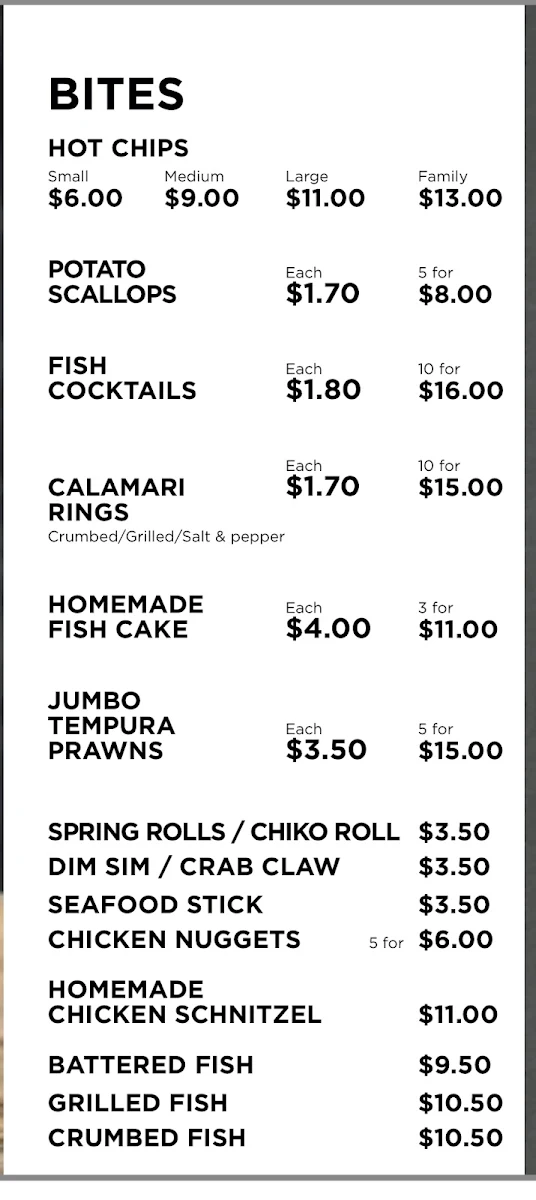 Menu, Mortlake Ocean Food