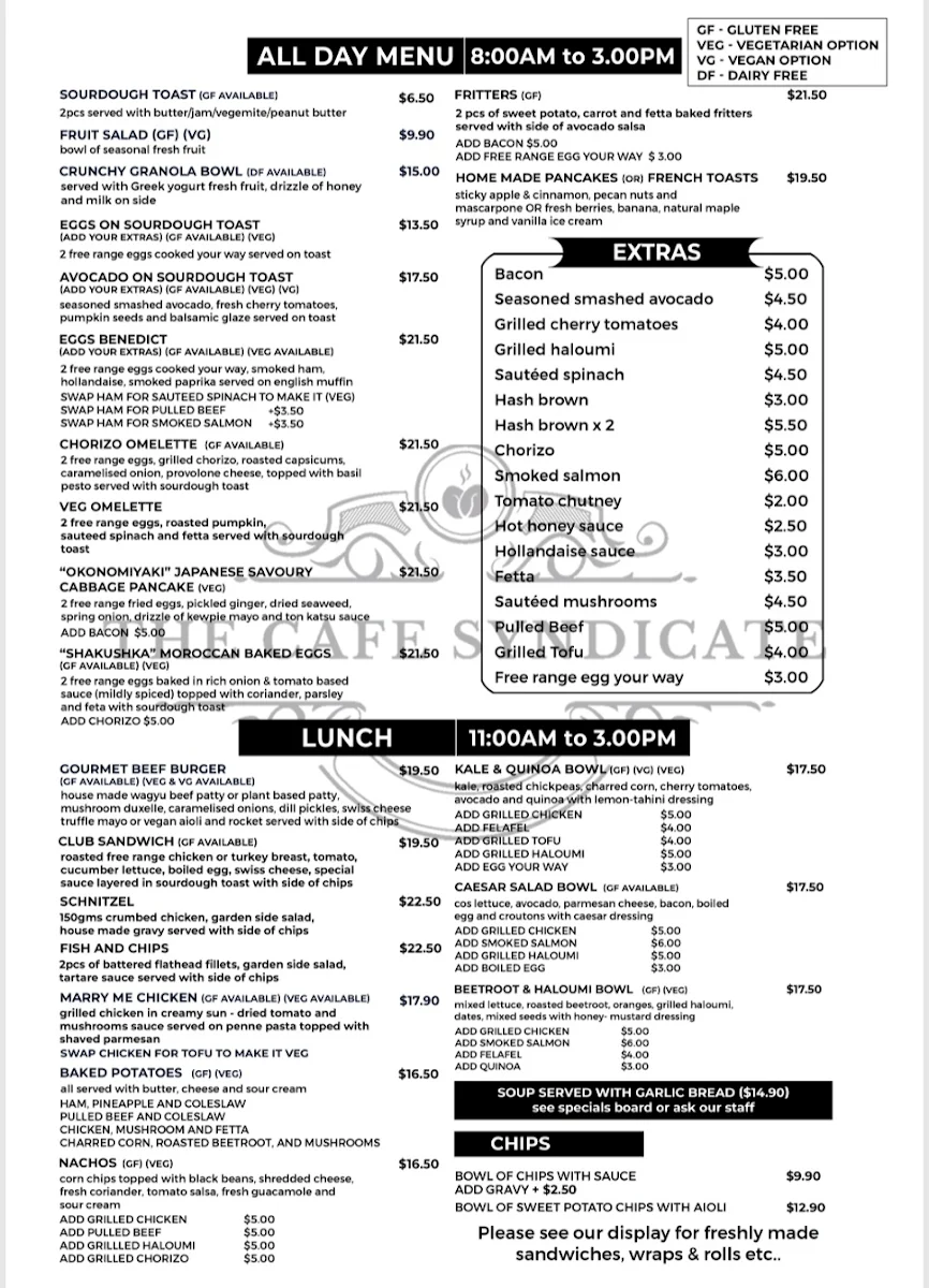 Menu, THE CAFE SYNDICATE