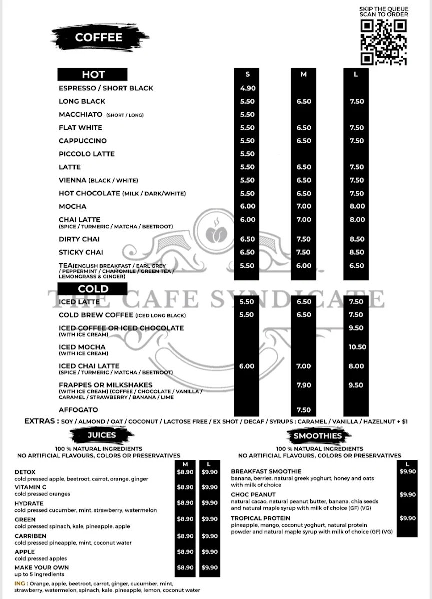 Menu, THE CAFE SYNDICATE