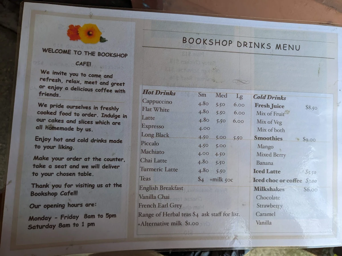 Menu, Bookshop Cafe
