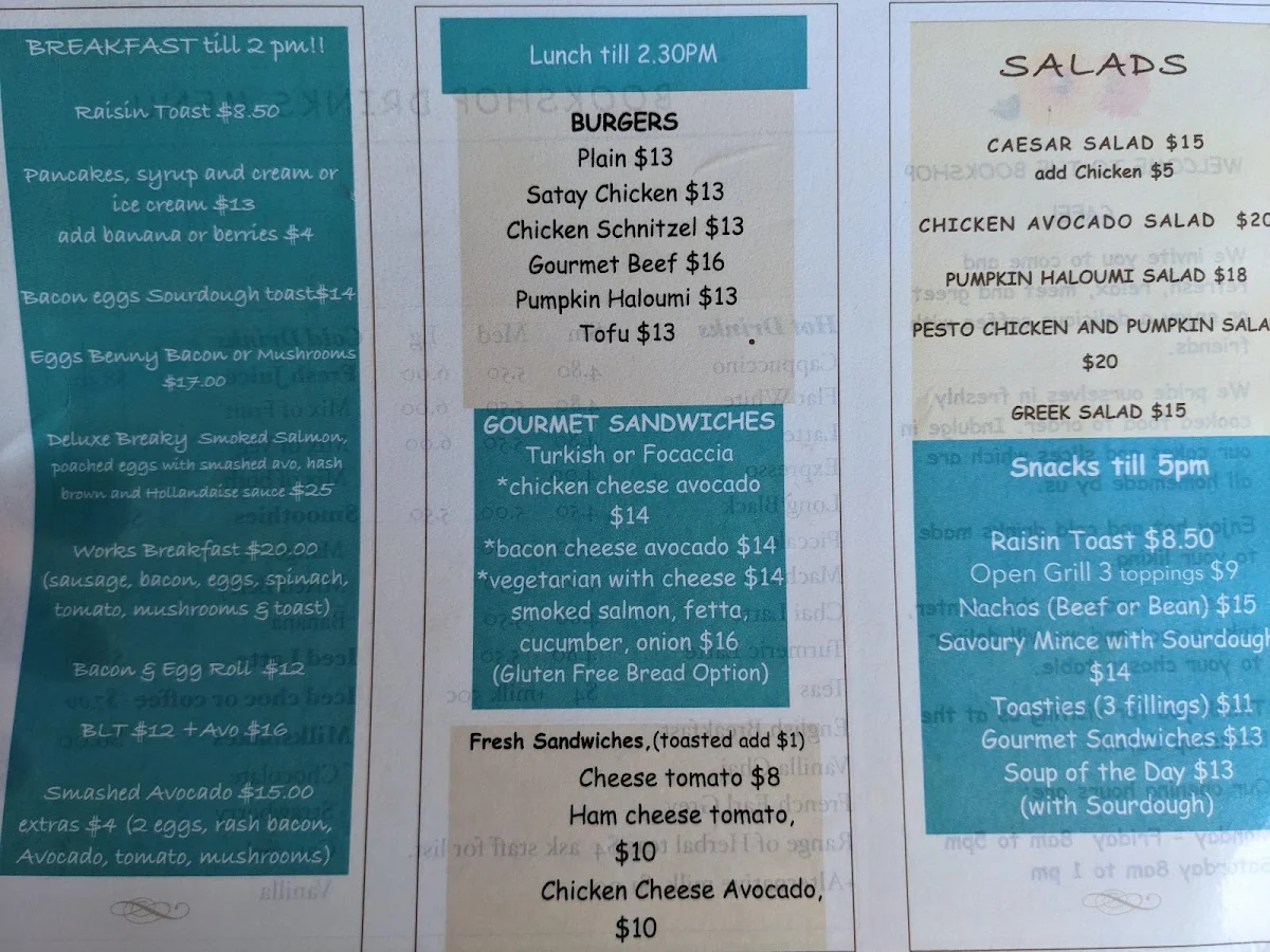 Menu, Bookshop Cafe