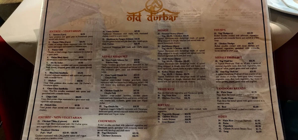 Menu, Old Durbar Nepalese & Indian Restaurant Brunswick