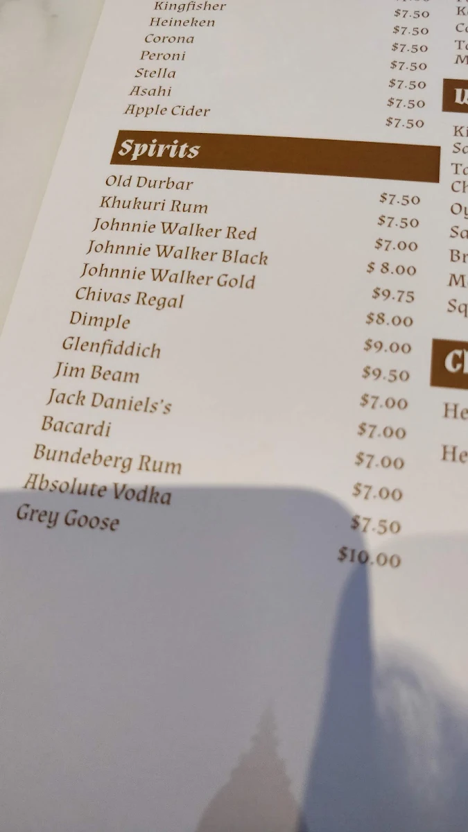 Menu, Old Durbar Nepalese & Indian Restaurant Brunswick