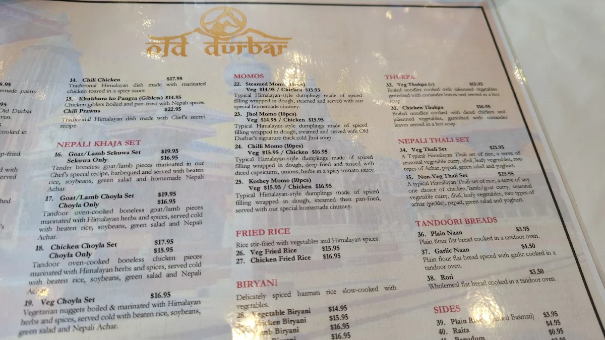 Menu, Old Durbar Nepalese & Indian Restaurant Brunswick