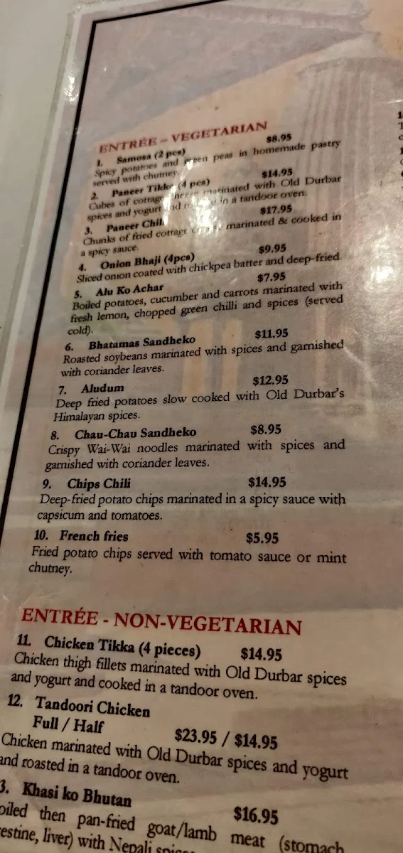 Menu, Old Durbar Nepalese & Indian Restaurant Brunswick