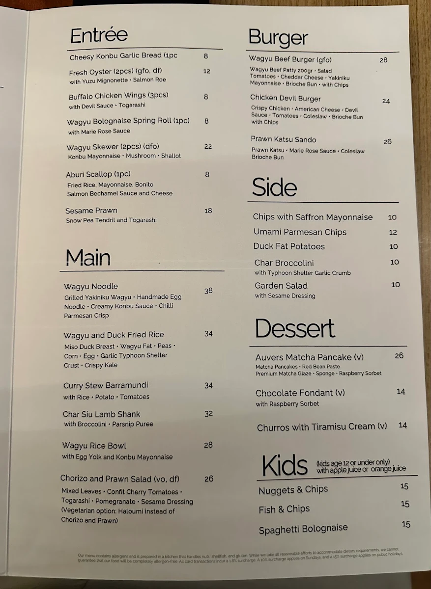Menu, Auvers Dining Darling Square