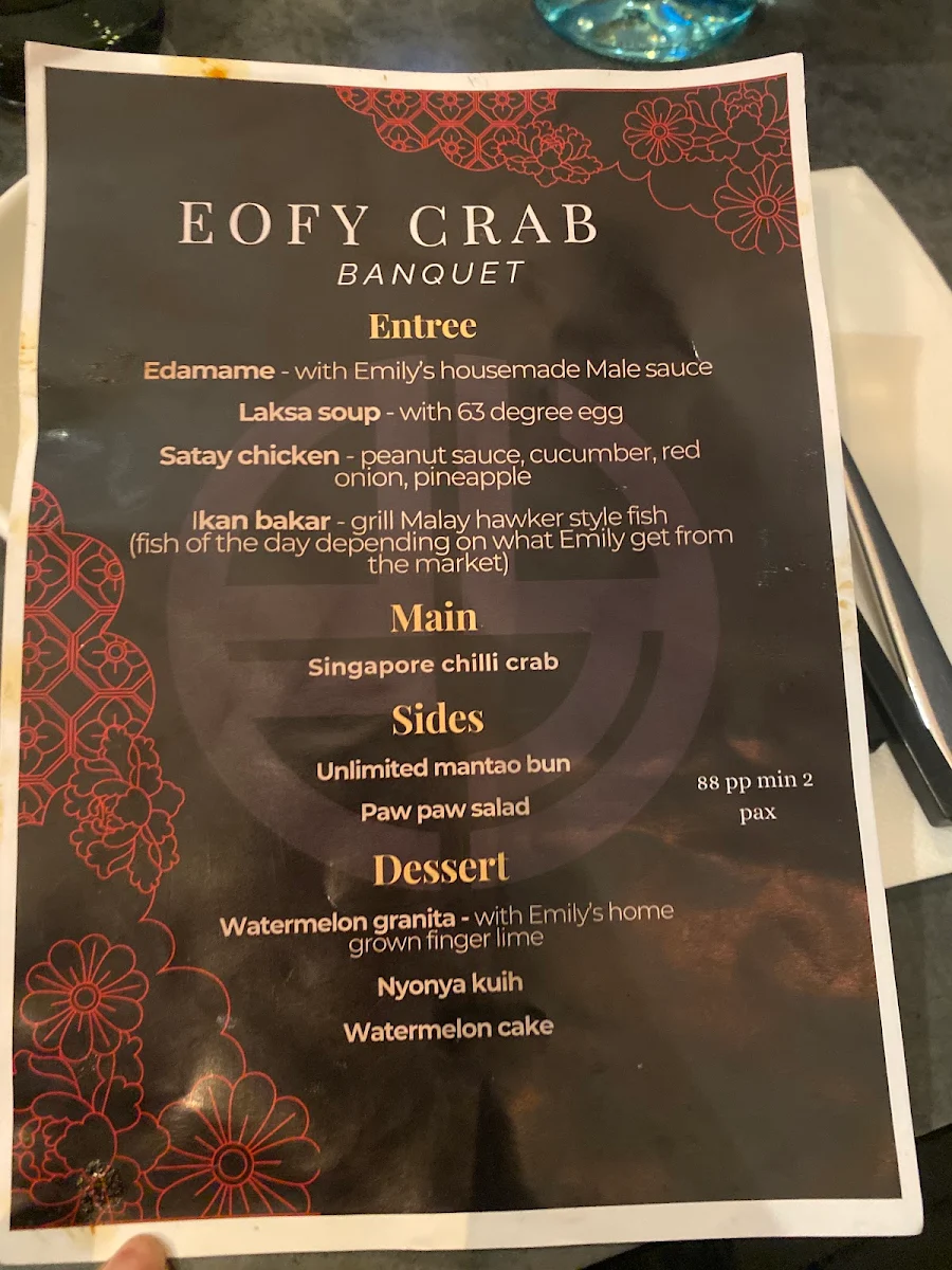 Menu, Emily Yeoh Restaurant