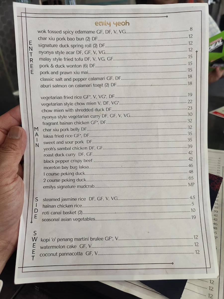 Menu, Emily Yeoh Restaurant