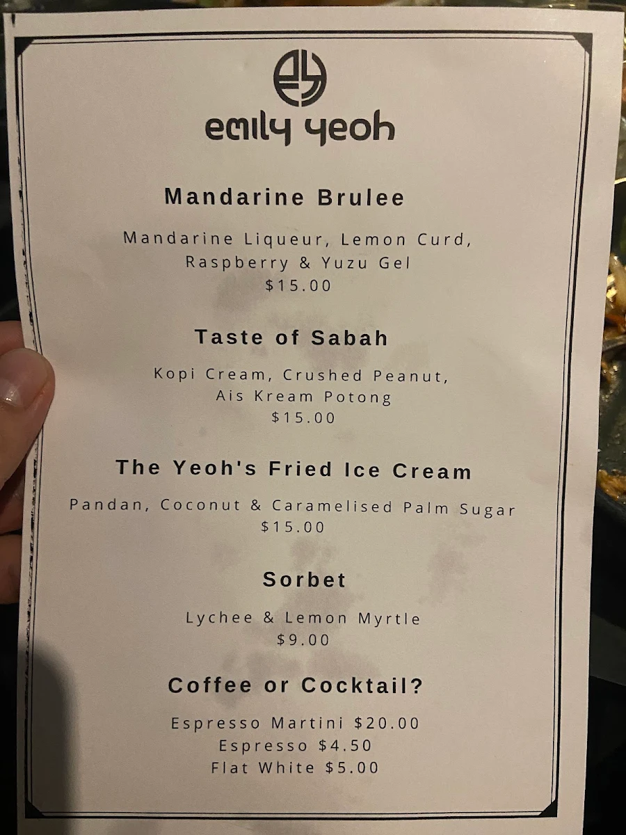 Menu, Emily Yeoh Restaurant
