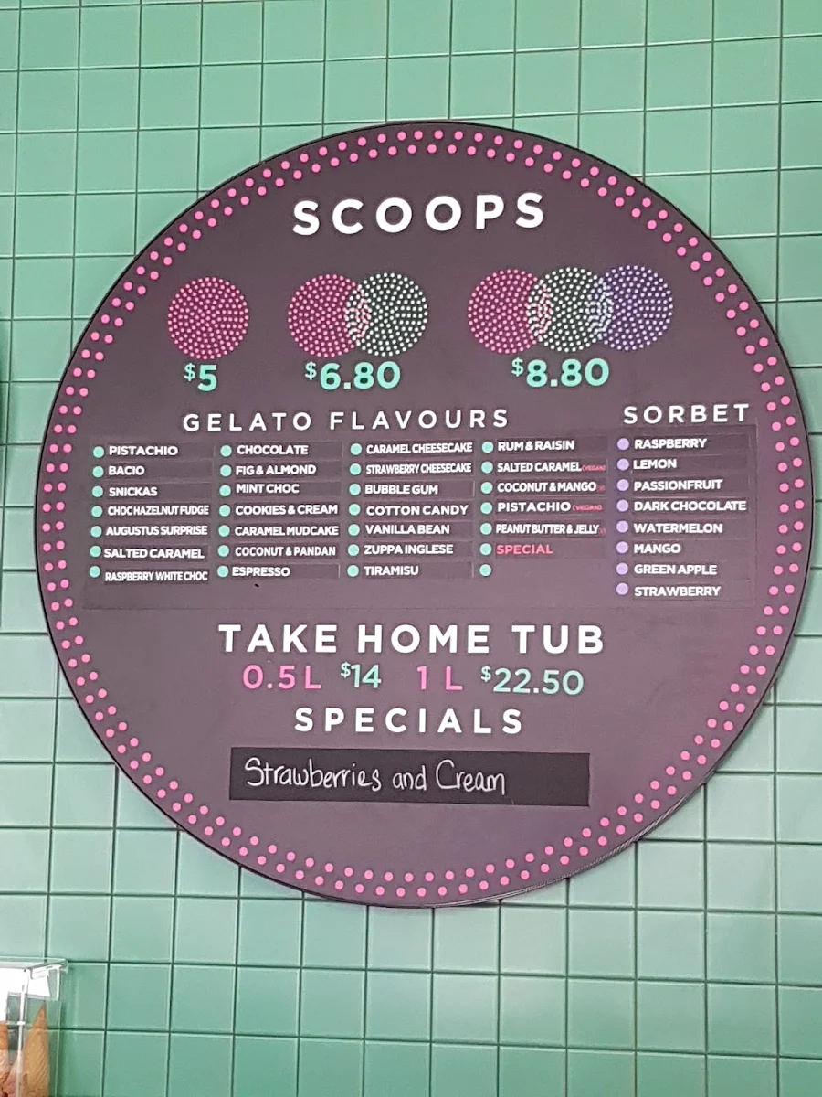 Menu, Augustus Gelatery - Upper Ferntree Gully