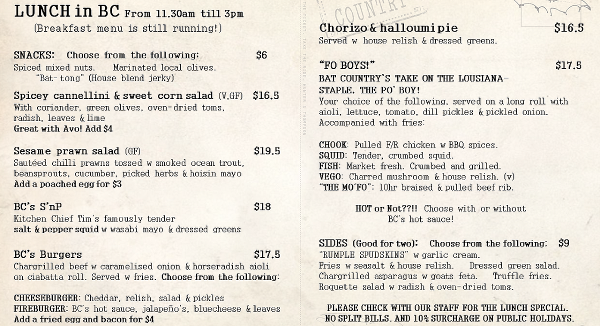 Menu, Bat Country