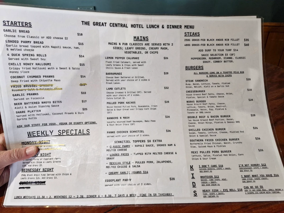 Menu, Great Central Hotel
