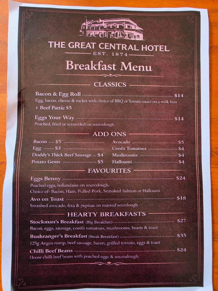 Menu, Great Central Hotel
