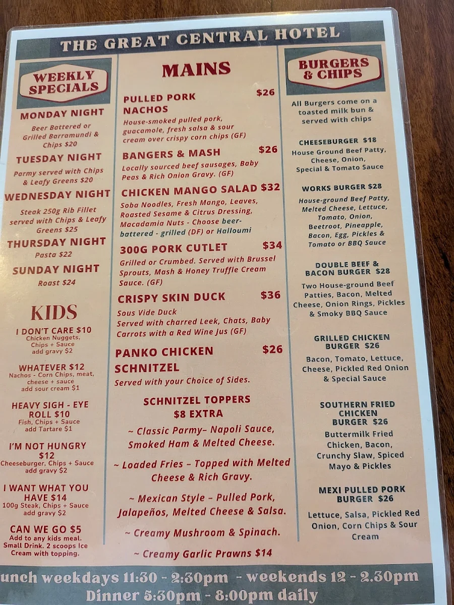 Menu, Great Central Hotel