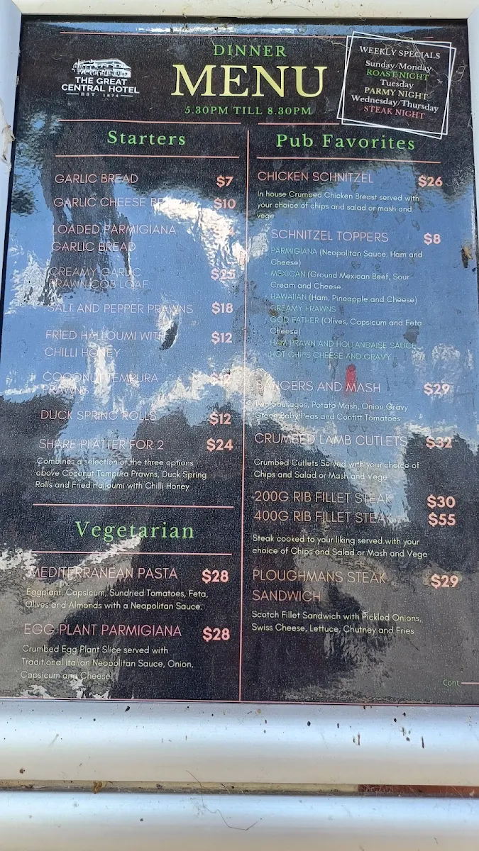 Menu, Great Central Hotel