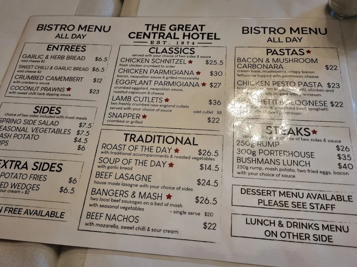 Menu, Great Central Hotel
