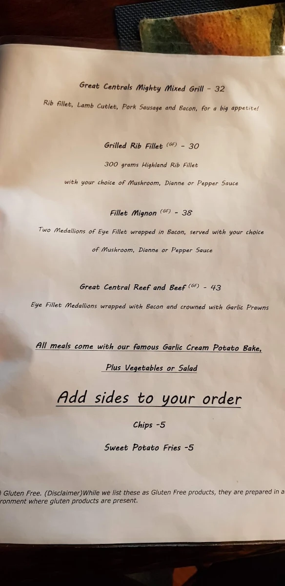 Menu, Great Central Hotel