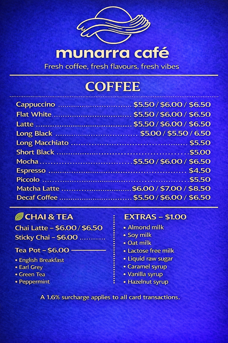 Menu, Munarra cafe