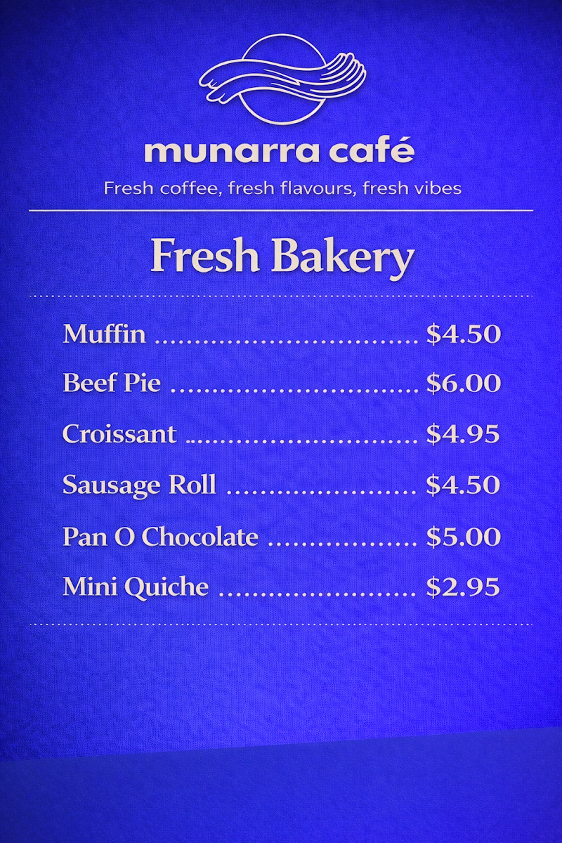 Menu, Munarra cafe