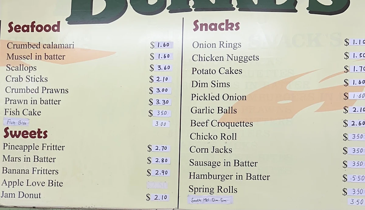 Menu, Burke’s Fish & Chips