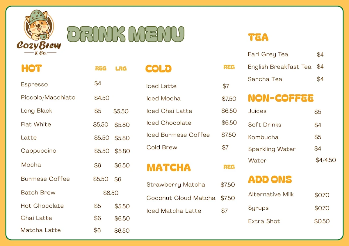 Menu, Cozy Brew & Co.