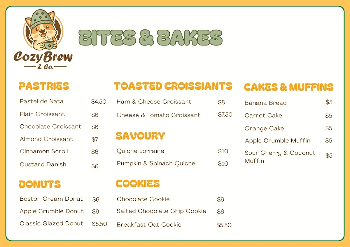 Menu, Cozy Brew & Co.
