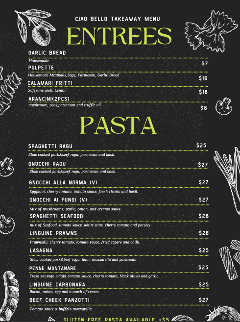 Menu, Ciao Bello Pizza & Pasta