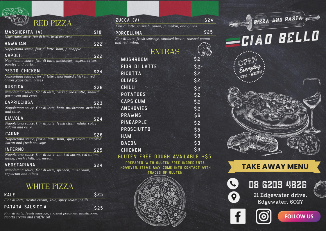 Menu, Ciao Bello Pizza & Pasta