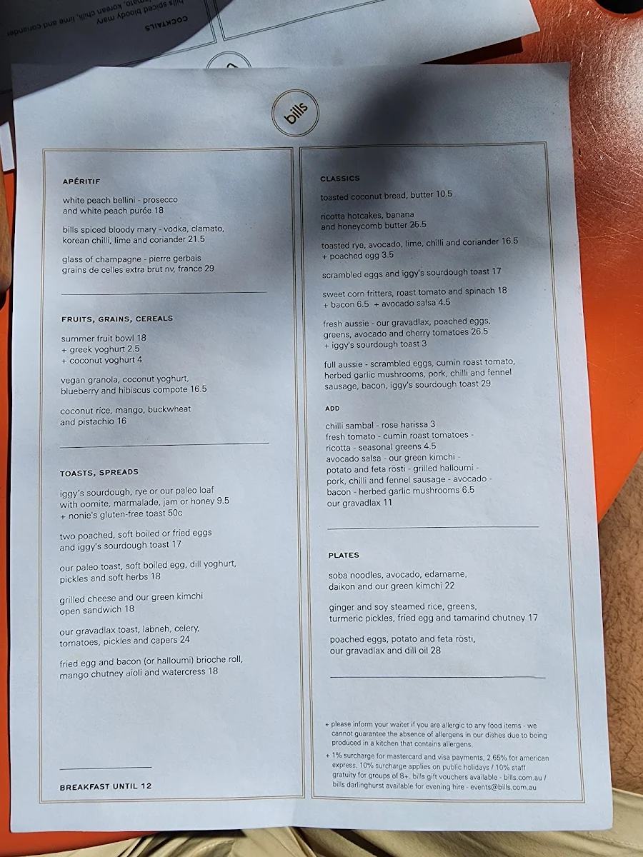 Menu, bills