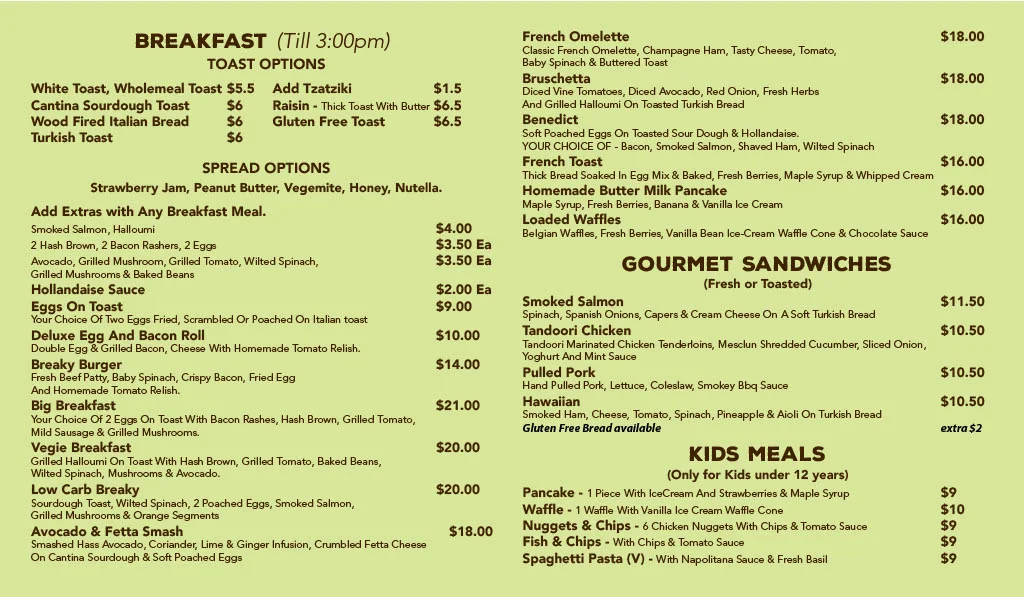 Menu, Vanilla Pod Food & Espresso Bar