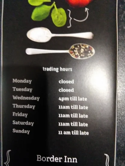 Menu, The Border Inn Hotel Apsley