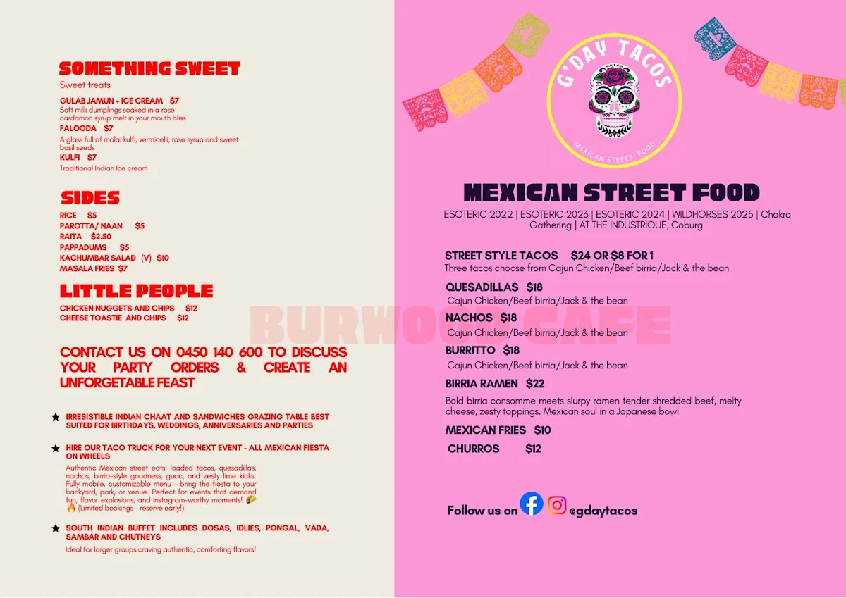 Menu, Burwood Cafe Indian Street Food