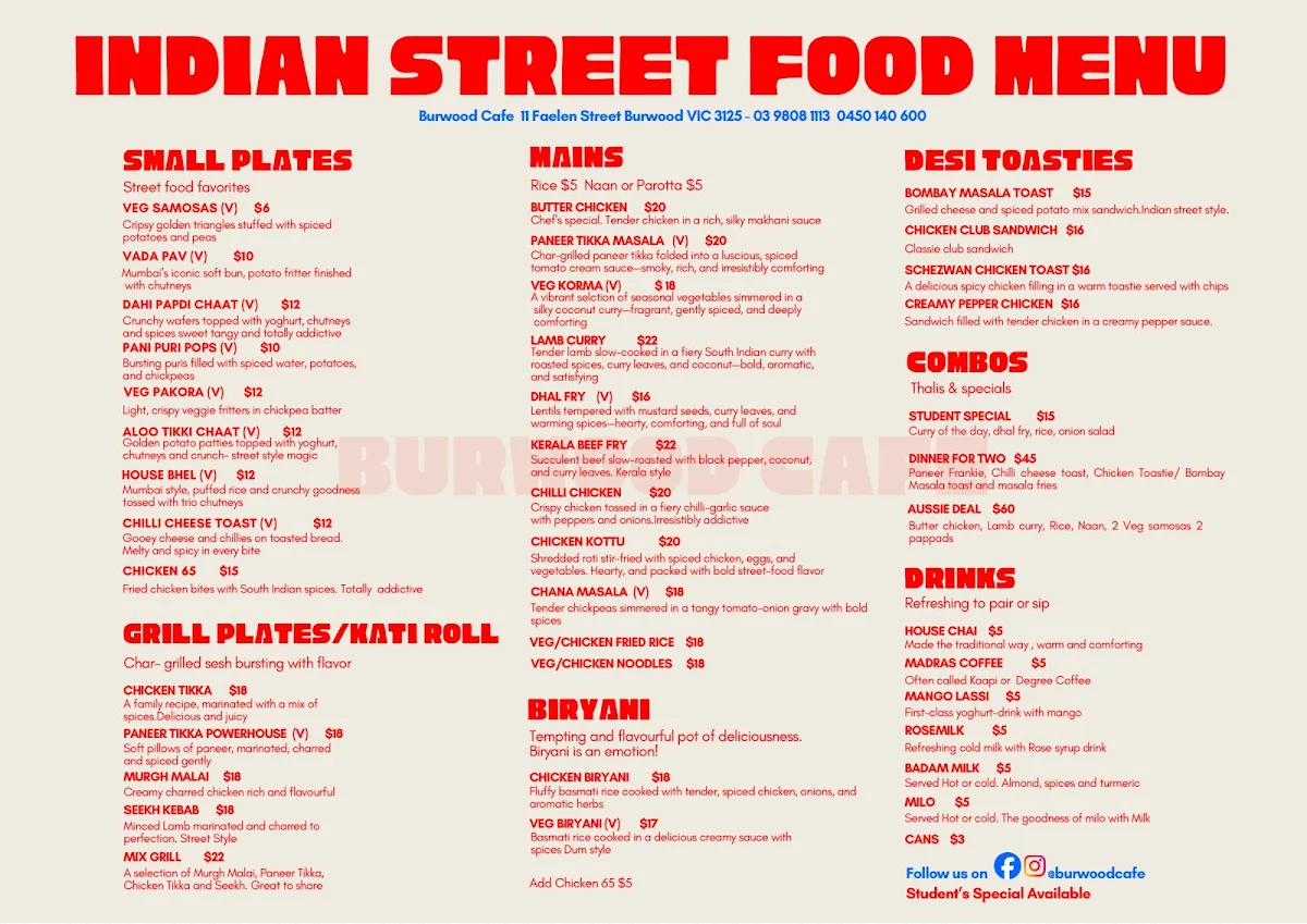 Menu, Burwood Cafe Indian Street Food
