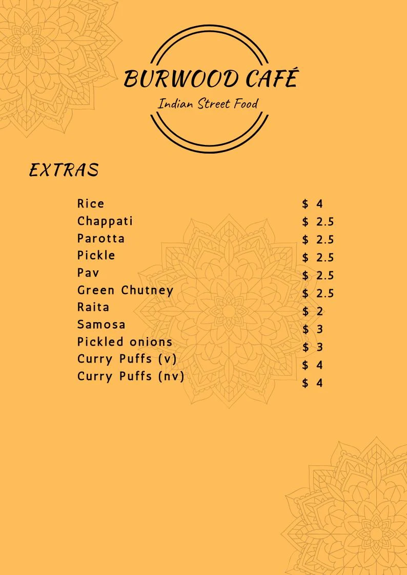 Menu, Burwood Cafe Indian Street Food