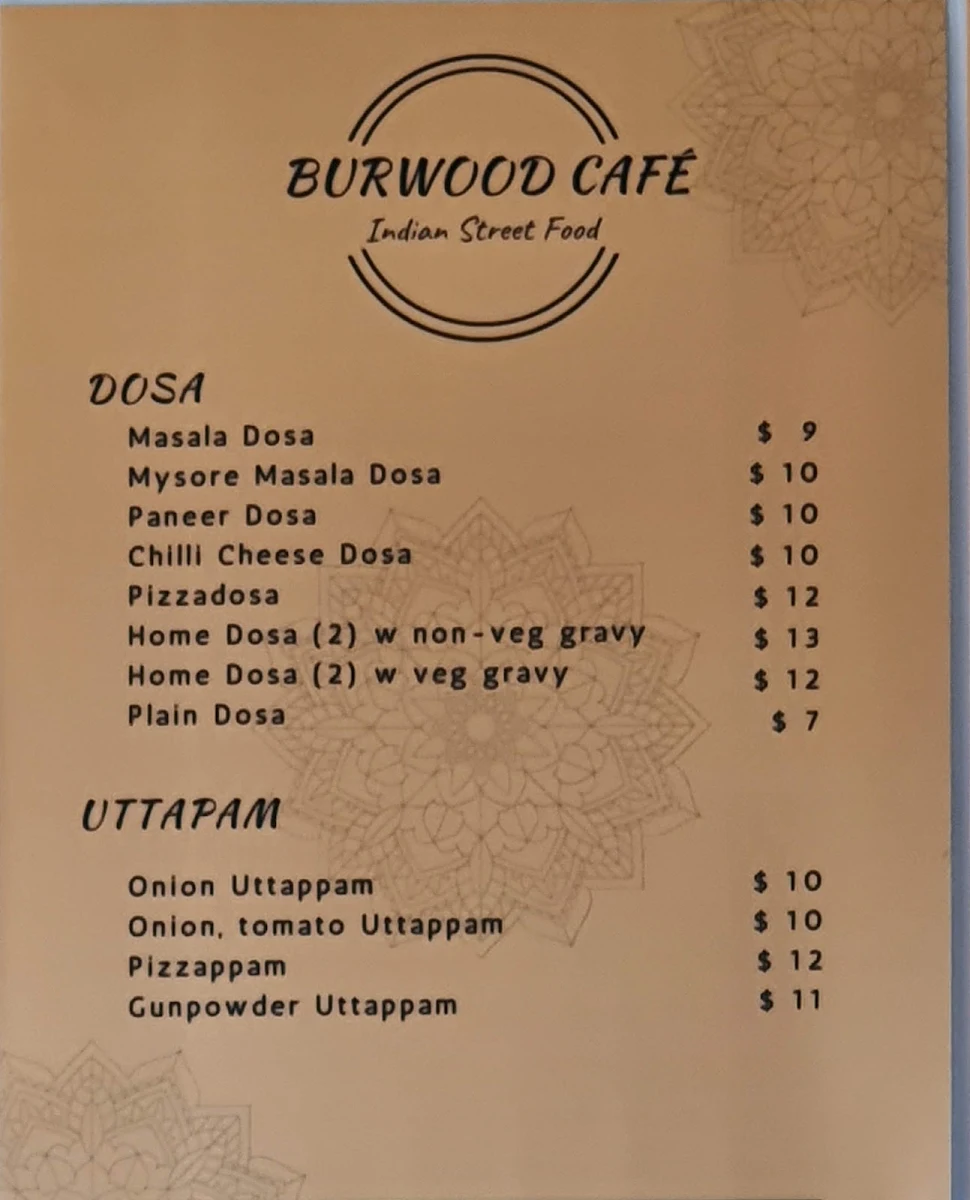 Menu, Burwood Cafe Indian Street Food