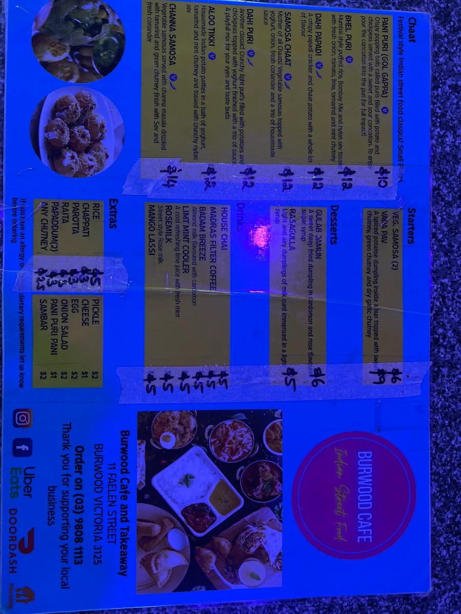 Menu, Burwood Cafe Indian Street Food